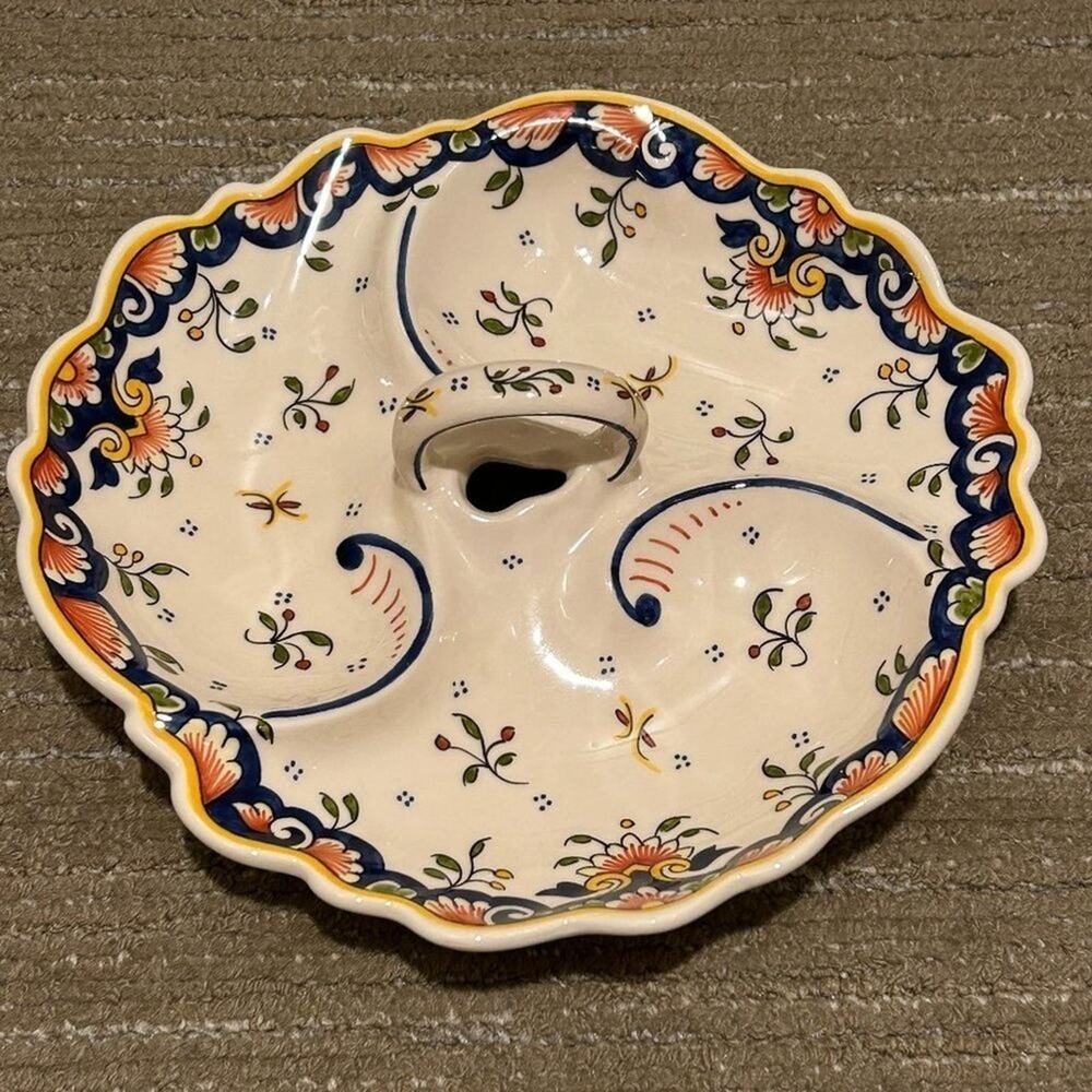 Antique Rouen French Faience Handled 3 Part Serving Tray Platter
